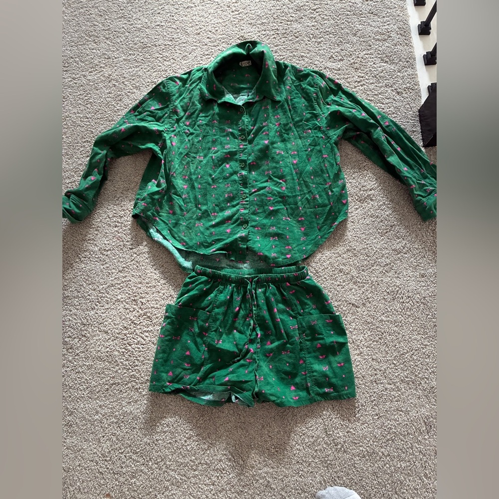 Free people flannel play date set cotton green combine pajamas Intimately